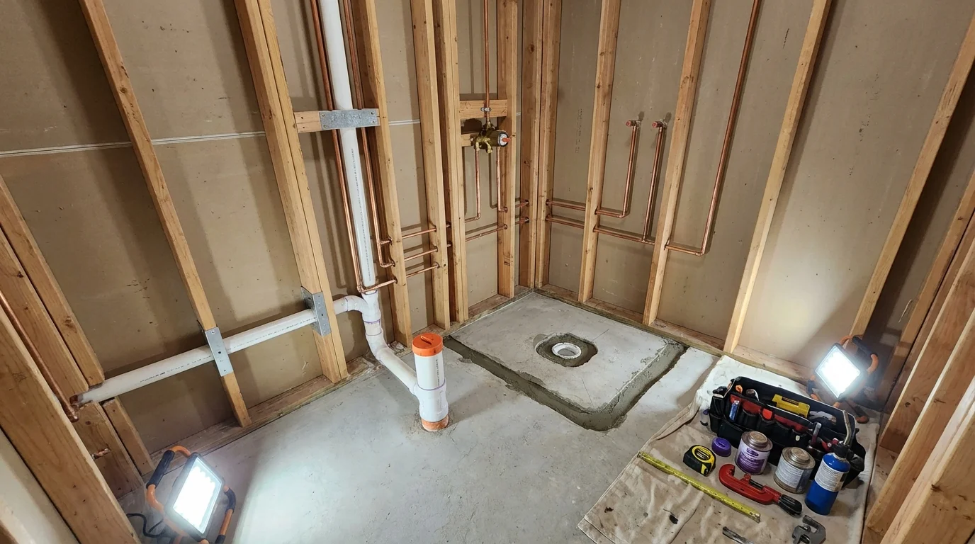 Bathroom rough-in plumbing during remodel by Johns Plumbing LLC in Winterport