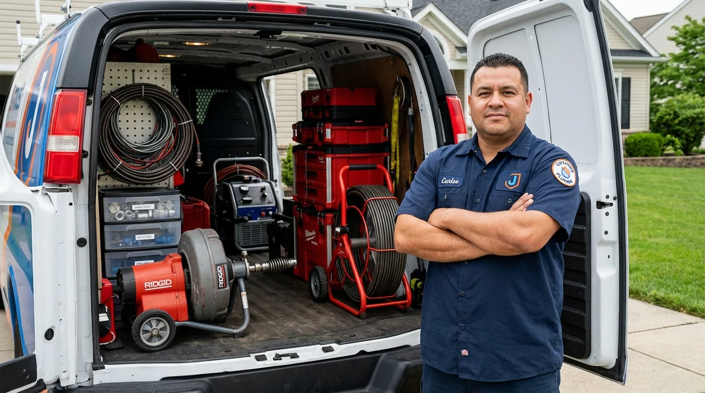 Professional drain cleaning equipment and Johns Plumbing LLC plumber in Winterport