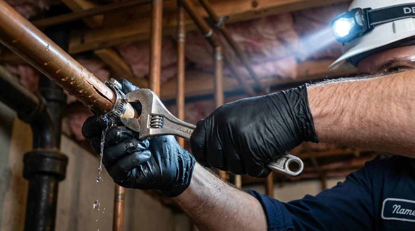 Emergency pipe clamp repair being performed by a Johns Plumbing LLC plumber in Winterport
