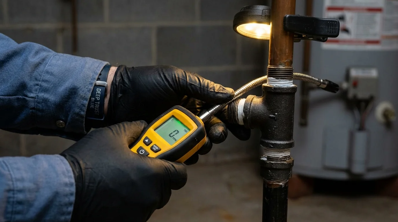 Gas leak detection with electronic sniffer by Johns Plumbing LLC in Winterport