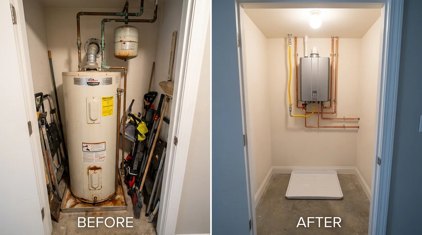 Tank water heater versus wall-mounted tankless unit comparison for Winterport, ME homeowners