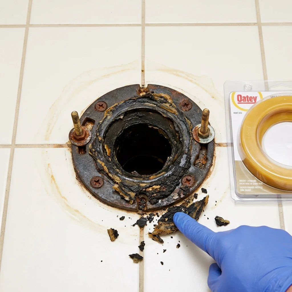 Failed wax ring showing water seepage at the base of a toilet in a Winterport, ME home