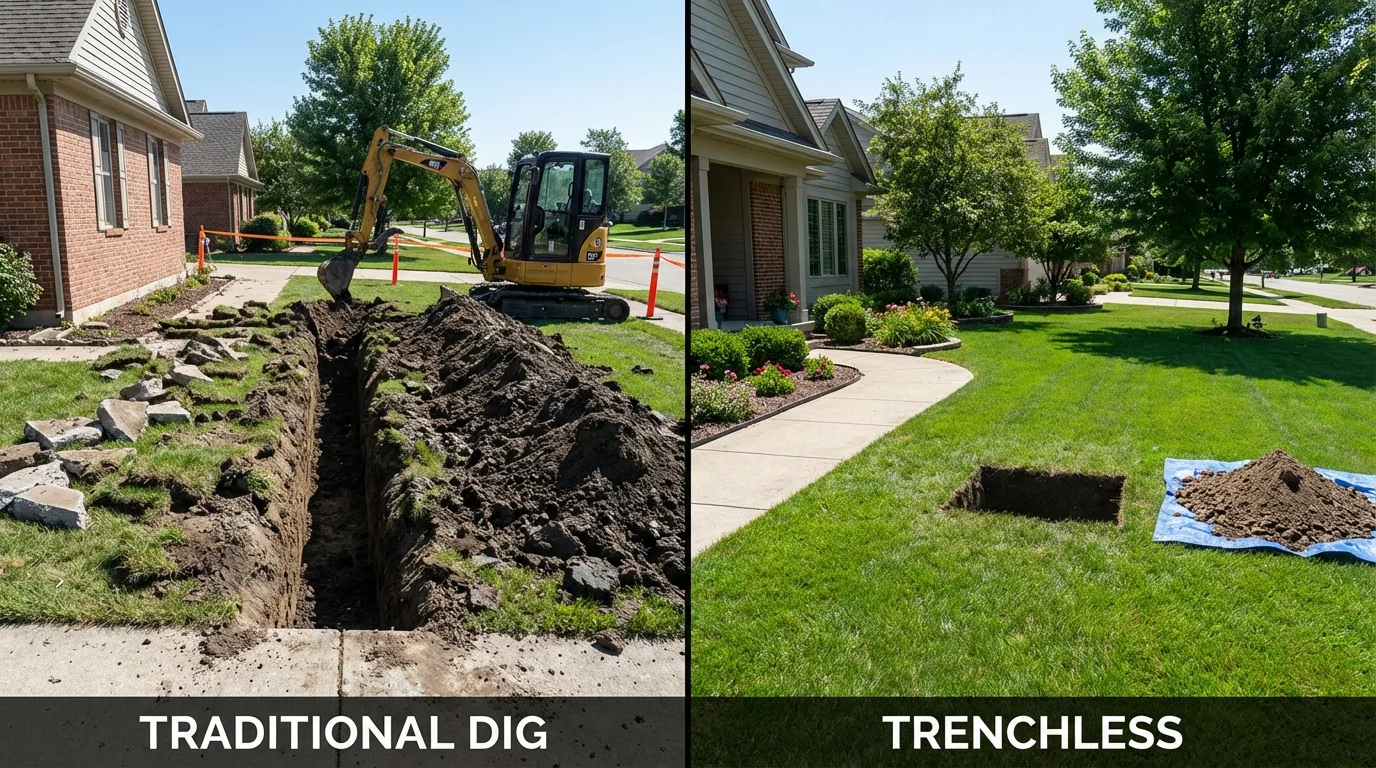 Trenchless sewer repair with minimal yard damage versus traditional excavation in Winterport, ME