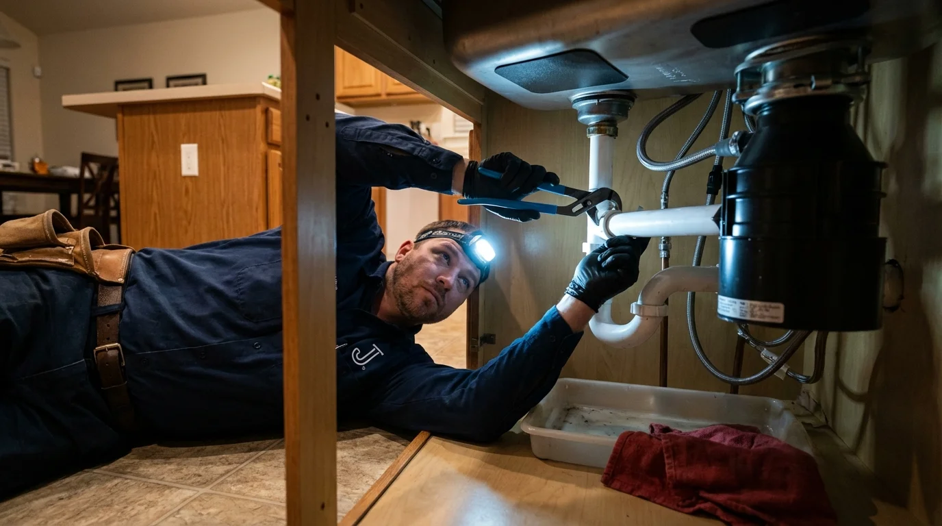 P-trap and supply line connections under a kitchen sink showing a common leak point in Winterport, ME